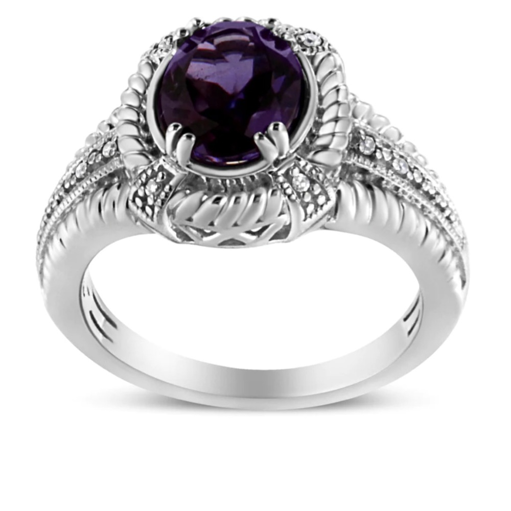 Haus of Brilliance .925 Sterling Silver Oval Amethyst and Diamond Ring Size 6